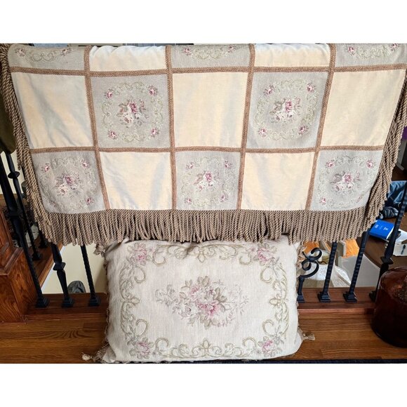 Shabby Tapestry Throw Tassel Pillow Set Beige Cover Floral Embroidered Vintage - Picture 3 of 16
